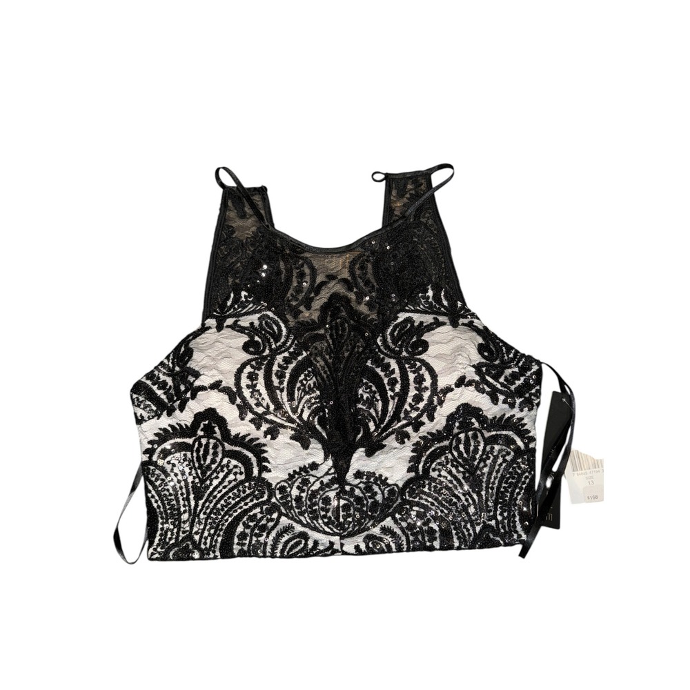 My Michelle Black White Lace Sequin Halter Crop Top Size 13 NWT 4498JM2S